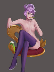 areolae armpits blue_eyes breasts chair cigarette heartbreakers_series heartseeker_quinn heels league_of_legends lipstick nipples purple_hair quinn shoes sitting thighhighs topless yyqknn