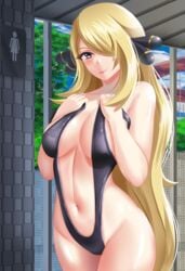 1girls big_breasts bikini blonde_hair cynthia_(pokemon) eye_contact female fuzzlogik grey_eyes hair_ornament human looking_at_viewer nintendo one-piece_swimsuit pale-skinned_female pale_skin pokemon pokemon_dppt smile solo swimsuit thick_thighs thighs wide_hips