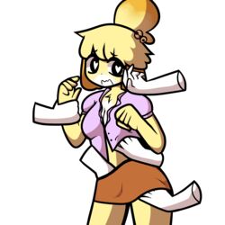 <3_eyes 1:1 absurd_res alpha_channel animal_crossing anthro bottomwear brown_bottomwear brown_clothing brown_skirt canid canine canis clothing disembodied_hand domestic_dog female fur hand_in_pants hand_on_cheek hand_on_chest hand_on_leg hand_on_thigh hands_everywhere hands_under_clothes heart hi_res isabelle_(animal_crossing) mammal nintendo pink_clothing pink_shirt pink_topwear shirt skirt solo topwear unknown_artist video_games yellow_body yellow_fur