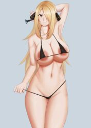 1girls alternate_version_available areolae armpits big_breasts bitter_(bittertt4) black_thong blonde_hair cynthia_(pokemon) grey_background hair_ornament huge_breasts human large_breasts light-skinned_female light_skin long_hair micro_bikini nintendo no_pubic_hair pale-skinned_female pale_skin pokemon pokemon_dppt smile thick_thighs thighs thong wide_hips yellow_eyes