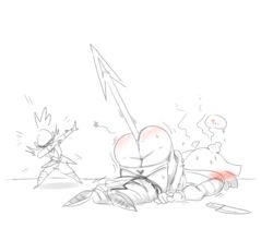 2girls aged_up anal_penetration ass ass_in_air big_ass black_and_white blush butt chara dab dabbing female mhdrawin no_color panties panties_down pants_down spear spear_in_ass spear_of_justice undertale undyne weapon