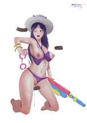 amumuuuu areolae caitlyn_kiramman cum cum_drip cum_on_breasts disembodied_penis fuzzy_handcuffs league_of_legends mole mole_under_eye nipples one_eye_closed pool_party_caitlyn pool_party_series purple_hair pussy