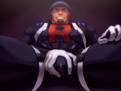 1boy bara beard bulge bulge_grab cabbie_hat cliff_(pokemon) facial_hair gloves grin hat human male male_focus male_only muscular muscular_male pokemon sitting smile solo white_gloves yowaifish