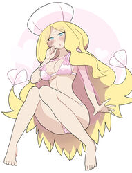 1girls 2020 absurd_res bikini blonde_hair blue_eyes blush breasts caitlin_(pokemon) caitlin_(pokemon_bw) cape cleavage elite_four eyebrows_visible_through_hair feet female female_only hat heart highres human human_only long_blonde_hair long_hair looking_at_viewer medium_breasts nintendo open_mouth pink_bikini pokemon pokemon_bw raised_legs see-through simple_background solo swimsuit thighs toes very_long_hair white-stew white_background