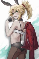 animal_ears ass back bare_shoulders black_gloves black_panties blonde_hair braid breasts brown_legwear bunny_ears bunny_tail fate/apocrypha fate_(series) female flat_chest french_braid green_eyes hair_ornament jacket jewelry long_hair looking_at_viewer looking_back mordred_(fate) necklace pantyhose ponytail small_breasts tonee