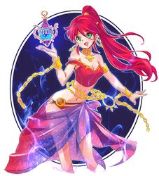 belly belly_chain bikini_bottom chains detailed_background earrings genie gold_jewelry golden_chains green_eyes happy medium_breasts open_clothes open_mouth open_smile pyrrha_nikos red_hair relic_of_knowledge rwby sarong slave white_skin