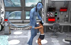 3d 3d_(artwork) alien_humanoid big_penis black_hair blowjob blue_penis blue_skin facial fantasy giantess glasses huge_cock insane3d interracial oral sci-fi tail tanned