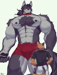 absurd_res anthro bulge canid canine canis chest_tuft clothing duo fur hi_res male male/male mammal muscular muscular_anthro muscular_male nipples pecs rosutoriano size_difference tuft underwear wolf