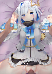 amane_kanata angel_wings armband blush censored clothed_sex commentary_request dark-skinned_male frown grey_hair hair_ornament highres holding_hands holoforce hololive hololive_japan long_sleeves looking_at_viewer lying miniskirt mosaic_censoring no_panties on_back penis pov purple_eyes pussy ribbon school_uniform sex short_hair silver_hair skirt skirt_lift spread_legs tikuwazyousyou vaginal_penetration virtual_youtuber wings