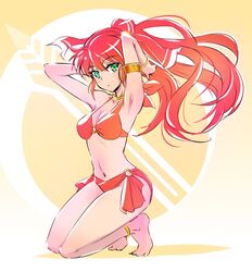 bikini detailed_background gold_jewelry grabbing_hair green_eyes iesupa kneeling large_breasts o-ring_bikini o-ring_bottom o-ring_swimsuit o-ring_top pyrrha_nikos red_hair rwby white_skin