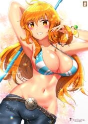 amber_eyes belly belt bikini_top chinchongcha female female_only huge_breasts jeans long_hair nami one_piece orange_hair staff