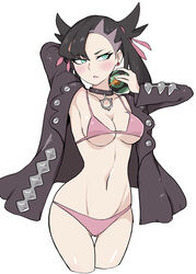 1girls 2019 absurd_res aqua_eyes arm_behind_head armpits arms_up bikini black_hair blush choker cleavage dusk_ball earrings eyebrows_visible_through_hair eyelashes female female_only highres holding_poke_ball human human_only jacket jewelry marnie_(pokemon) medium_breasts navel nintendo open_clothes open_jacket open_mouth pink_bikini poke_ball pokemon pokemon_ss pose simple_background solo standing swimsuit thighs tied_hair underboob white-stew white_background