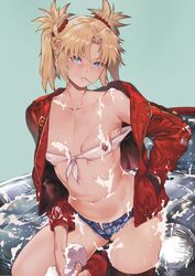 aqua_eyes blonde_hair fate/apocrypha fate_(series) jacket lollipop long_hair looking_at_viewer mordred_(fate) navel shorts tokopi