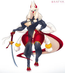 anthro areola battle_franky blue_eyes breasts clothed clothing dragon fangs female female_only genitals hair muscular muscular_anthro muscular_female nipple_bulge partially_clothed pussy red_body solo sword tail two_tone_body white_body white_hair