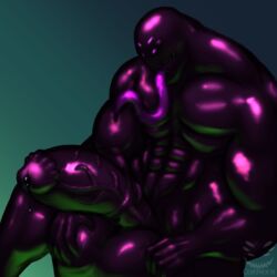 anthro balls big_balls big_muscles big_penis bodily_fluids corinoch corinoch_(artist) dripping genital_fluids genitals glistening glistening_body goo_creature hi_res huge_balls huge_cock huge_muscles hyper hyper_balls hyper_genitalia hyper_muscles hyper_penis long_tongue male medial_ring monster multi_pec muscular penis precum precum_drip purple_body solo tongue unusual_genitalia unusual_penis vein veiny_penis