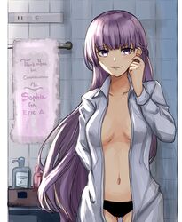 1girls bathroom black_panties breasts female fire_emblem fire_emblem:_the_binding_blade gazelle_jun long_hair looking_at_viewer manakete nintendo no_bra open_shirt panties purple_eyes purple_hair shirt solo solo_female solo_focus sophia_(fire_emblem) text towel very_long_hair