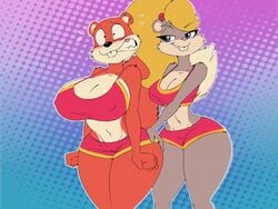 2020 2020s 2girls alternate_body_type alternate_breast_size anthro anthro_only athletic berri berri_(cosplay) big_breasts blush bottom_heavy bottomwear breast_size_difference breasts busty chipmunk clothed clothing conker conker's_bad_fur_day cosplay crossgender curvy dracojeff eyelashes eyeshadow female female_only fur furry_tail genderswap genderswap_(mtf) grey_fur grey_hair hair half-closed_eyes hands_on_ass huge_breasts large_breasts long_hair mammal microsoft mtf_crossgender nervous nintendo nipples_visible_through_clothing orange_fur ponytail rareware rodent rule63 rule_63 sciurid simple_background small_breasts smile startled tail teeth thick_thighs thighs thin_waist tight_clothing topwear voluptuous wide_hips