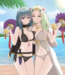 2girls alternate_costume big_breasts bikini black_bikini black_swimsuit blue_eyes byleth_(fire_emblem) byleth_(fire_emblem)_(female) byleth_(summer)_(fire_emblem)_(female) cape chiru chirun0 female female_only fire_emblem fire_emblem:_three_houses fire_emblem_heroes green_eyes green_hair large_breasts long_hair looking_at_viewer medium_hair multiple_girls nintendo official_alternate_costume rhea_(fire_emblem) rhea_(summer)_(fire_emblem) rhealeth smile swimsuit teal_hair white_bikini white_swimsuit