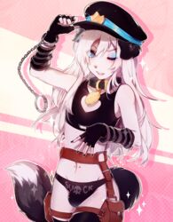 1boy 2019 arm_warmers belt black_nails blue_eyes bulge canine crop_top eye_shadow femboy fingerless_gloves furry girly handcuffs highres long_hair male male_only navel_piercing oncha open_mouth panties police_hat police_uniform smile solo_male tail white_fur white_hair wink