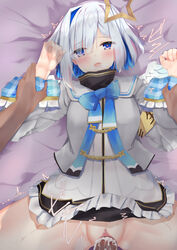 amane_kanata angel_wings armband blush censored clothed_sex commentary_request cum cum_in_pussy dark-skinned_male grey_hair hair_ornament heart heart-shaped_pupils highres holding_hands holoforce hololive hololive_japan long_sleeves looking_at_viewer lying miniskirt mosaic_censoring no_panties on_back open_mouth penis pov purple_eyes pussy ribbon school_uniform sex short_hair silver_hair skirt skirt_lift spread_legs symbol-shaped_pupils tikuwazyousyou vaginal_penetration virtual_youtuber wings