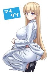 1girls ass big_breasts blonde_hair business_suit curvy dress earrings eyebrows_visible_through_hair high_heels huge_breasts light-skinned_female light_skin lina_bell_roll_(michihasu) long_hair looking_at_viewer looking_back michihasu original solo solo_female squatting