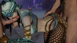 1girls 2boys 3d ambiguous_penetration ass blender blowjob deepthroat_mark fellatio female female_focus fishnets hand_on_hip lipstick lipstick_mark lipstick_on_penis male male/female nemesis_(smite) oral penis penis_lick scrido smite solo_focus spitroast thighs trio