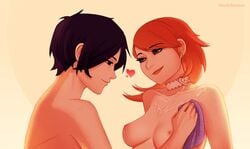 after_sex brown_hair cum_on_breasts ginger_hair happy_female happy_male lovers makoto_yuki marikbentusi minato_arisato orange_hair persona persona_3 redhead romantic romantic_couple short_hair smile spoken_heart wholesome wiping_cum yukari_takeba