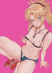 absurdres aqua_eyes bangs bare_shoulders bikini black_bikini blonde_hair blush braid breasts collarbone denim denim_shorts fate/apocrypha fate_(series) flat_chest highres jewelry mordred_(fate) small_breasts tokopi unzipped