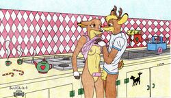 2018 anthro anthrofied balls bottomless breasts buick_skylark candy candy_cane capreoline cervid clothing colored_pencil cookers cups duo erect_penis erection female food genitals hi_res humanoid imminent_sex ink kitchen love male mammal nipples penis pussy reindeer romantic_couple rudolph_the_red-nosed_reindeer:_the_movie rudolph_the_red_nosed_reindeer shirt shirt_lift sink stove straight t-shirt teapot topwear traditional_media_(artwork) zoey_(rudolph)