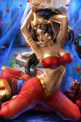 aladdin ayyasap belly_dancer belly_dancer_outfit black_hair brown-skinned_female brown_skin crown dark-skinned_female dark_skin disney disney_princess evil_queen_jasmine harem_girl harem_outfit harem_pants hazel_eyes jafar_harem_outfit middle_eastern middle_eastern_clothing middle_eastern_female persian_clothing persian_female princess_jasmine realistic red_clothing slave tanned