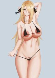 1girls areolae armpits big_breasts bitter_(bittertt4) black_thong blonde_hair cynthia_(pokemon) grey_background hair_ornament huge_breasts human large_breasts light-skinned_female light_skin long_hair micro_bikini nintendo pale-skinned_female pale_skin pokemon pokemon_dppt pubic_hair smile thick_thighs thighs thong wide_hips yellow_eyes