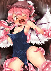 animal_ears bird_wings blue_swimsuit breasts brown_eyes brown_headwear female fingernails green_nails harusame_(unmei_no_ikasumi) hat jewelry long_fingernails looking_at_viewer medium_breasts mystia_lorelei nail_polish nipples one_eye_closed open_mouth pink_hair rape restrained school_swimsuit sharp_fingernails short_hair single_earring solo sweat swimsuit tentacle touhou uvula wings