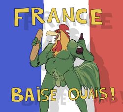 absurd_res alcohol anthro avian baguette balls bastille_day beverage bird bread chicken cigarette flaccid food galliform gallus_(genus) genitals grivaire hi_res male male_only musclegut nude overweight penis phasianid slightly_chubby smile text translated uncut wine