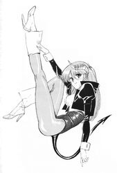 1girls 90s ass big_ass blush clothing demon_girl demon_horns demon_tail eyebrows_visible_through_hair female female_only greyscale high_heels highres horns jacket large_breasts leg_hold leg_up leotard long_hair looking_at_viewer mercedes_(viper) monochrome nipple_bulge official_art open_clothes open_jacket pantyhose pose raised_leg sasaki_masakatsu scan side_view simple_background smile sogna solo succubus tail teeth thick_thighs thighs viper_(series) viper_gts white_background wrist_cuffs