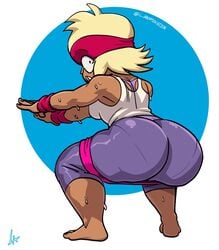 1girls ass barbell blonde_hair blue_background carol_(ok_k.o.!_let's_be_heroes) carol_kincaid cartoon_network colored dark-skinned_female dat_ass excercise excercising leggings liefeldianabomination looking_at_viewer milf ok_k.o.!_let's_be_heroes simple_background squat squatting sweat tank_top thick