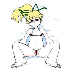 1girls android barefoot bed belly bikini black_eyes blonde_hair bra breasts clothed eyebrows feet female fupoo green_ribbons hair_ribbon long_hair lying mega_man mega_man(classic) on_back panties ponytail pussy ribbon robot robot_girl roll solo swimsuit tied_hair toes video_games