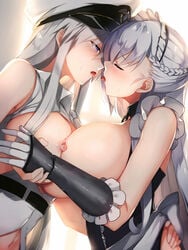 2girls apron areola azur_lane bangs bare_shoulders belfast_(azur_lane) blush braid breast_press breasts breasts_out chain_collar closed_eyes enterprise_(azur_lane) eyebrows_visible_through_hair face-to-face female female_only female_protagonist frills from_side fumyuun hand_on_another's_ass hat holding_another's_arm horny imminent_kiss large_breasts lesbian light-skinned_female light_skin long_hair looking_at_another military_hat multiple_girls nipples no_bra purple_eyes saliva_string silver_hair sleeveless sleeveless_shirt sweat symmetrical_docking tongue tongue_out yuri