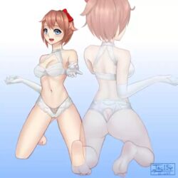 ass blue_eyes bow doki_doki_literature_club female hairbow jay156 just_sayori lingerie looking_at_viewer on_knees reaching_out red_bow sayori_(doki_doki_literature_club) simple_background solo solo_female solo_focus white_lingerie