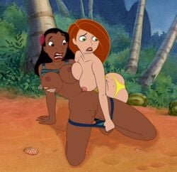 2girls alternate_breast_size ass_visible_through_thighs beach big_breasts bikini black_hair breast_grab breast_to_breast breasts_out breasts_to_breasts brown_eyes chocolate_and_vanilla clitoris crossover dark-skinned_female dark_skin disney disney_channel female female/female female_only flower_in_hair gagala green_eyes hairless_pussy interracial kim_possible kimberly_ann_possible large_breasts lesbian light-skinned_female lilo_and_stitch multiple_girls nani_pelekai nipples orange_hair public_nudity pussy redhead saliva_trail straight_hair topless undressing_another yuri