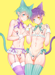 2019 2boys balls cat_tail catboy chastity chastity_cage femboy garter_belt green_hair heterochromia highres lace looking_at_viewer mackerel male_only navel nipple_chain nipple_rings nipples pale_skin penis pointy_ears purple_hair saba_(pixiv31195693) sissy small_penis smile string_bikini testicles thighhighs trap yellow_background