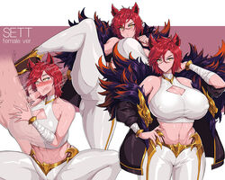 1boy 1girls 2020 :>= abs animal_ears blowjob blush breasts cameltoe curvaceous curves curvy curvy_female curvy_figure drogod_(artist) fellatio female female_version fit fit_female genderbend genderbent genderswap genderswap_(mtf) huge_breasts large_breasts league_of_legends male midriff nipple_bulge red_hair riot_games rule_63 sett short_hair squat squatting thick_thighs thighs vastaya white_clothing yellow_eyes