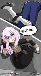 1girls ass comic dialogue english_text fire_emblem fire_emblem:_three_houses lollipop lysithea_von_ordelia restrained school_uniform speech_bubble stuck stuck_in_wall tears text yiku1707