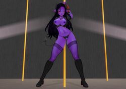 3d belly_gem blaasz black_sclera black_shirt blush boots choker demon_girl demon_horns demon_tail exposed_breasts fishnet_stockings fishnets hair_ribbon horns kissy_face lights long_hair looking_at_viewer navel_piercing nipples open_shirt panties pointy_ears posing purple_hair purple_nipples purple_skin red_eyes revealing_clothes scala_talsi simple_background sitting spade_tail stage standing stockings stripper_pole succubus succubus_tattoo tail thighhighs winking