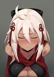 ahoge bare_shoulders blush bow breasts cleavage closed_eyes collarbone dark_skin eyebrows_visible_through_hair fate/grand_order fate_(series) female grey_background grey_hair hair_between_eyes hairbow highres large_breasts looking_at_viewer medium_hair okita_souji_(alter)_(fate) okita_souji_(fate)_(all) paizuri simple_background solo sweat try upper_body