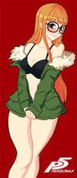 1girls bangs black_bra blush blushing bra breasts cleavage clothing copyright_name curvy eyelashes female female_only fully_clothed glasses green_jacket grey_eyes highres jacket lips logo long_hair long_sleeves looking_at_viewer medium_breasts navel orange_hair persona persona_5 red_background sakura_futaba shiny_hair sidelocks smile smiling solo standing thats-lewdacris thick_thighs wide_hips