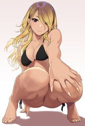 1girls bare_arms bare_legs bare_shoulders barefoot bikini black_bikini blonde_hair breasts brown_eyes brown_hair collarbone dark_skin earrings eyebrows_visible_through_hair eyes_visible_through_hair feet female_only foreshortening gradient_hair gyaru hair_between_eyes hair_over_eyes hands highres hoop_earrings idolmaster idolmaster_shiny_colors izumi_mei jewelry long_hair looking_at_viewer medium_breasts multicolored_hair partially_visible_vulva pussy pussy_peek side-tie_bikini smile solo squatting sunaba_suzume swimsuit tan thighs toes