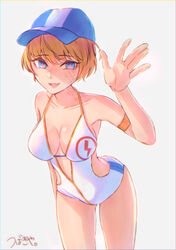 alternate_costume apex_legends baseball_cap bathing blonde_hair blue_eyes female lichtenberg_figure pixie_cut scar scars tbky_orz wattson_(apex_legends) waving