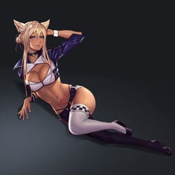 2d_(artwork) alael animal_ears artist_request big_breasts blue_eyes final_fantasy final_fantasy_xiv kemonomimi long_tail miqo'te piercing shoes stockings tagme