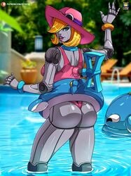1girls android ass innertube kyoffie league_of_legends looking_back orianna parts_exposed pool pool_party_orianna pool_party_series robot robot_joints swimming_pool swimsuit water winding_key