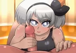 1boy 1girls animated bea_(pokemon) blush chesterzee dark-skinned_female dark_skin eye_contact female gokubuttonzee grey_eyes grey_hair hair_ribbon handjob human looking_at_viewer masturbation nintendo no_sound pokemon pokemon_ss short_hair smile video